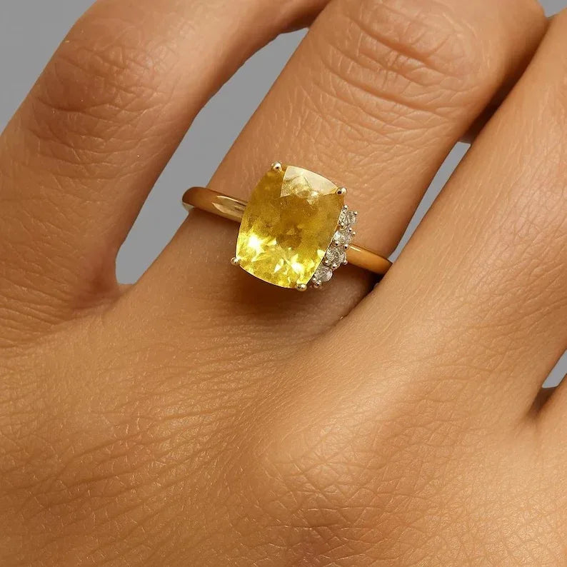 14k Gold Yellow Sapphire Ring: Cushion Cut Diamond