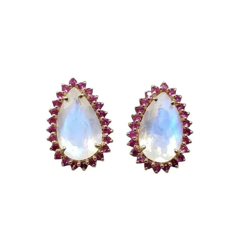 Blue Flash Rainbow Moonstone and Ruby 14k Gold Earring Studs