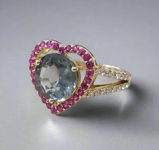 Vintage 14k Gold Heart Halo Ring: Green Sapphire, Ruby & Diamond