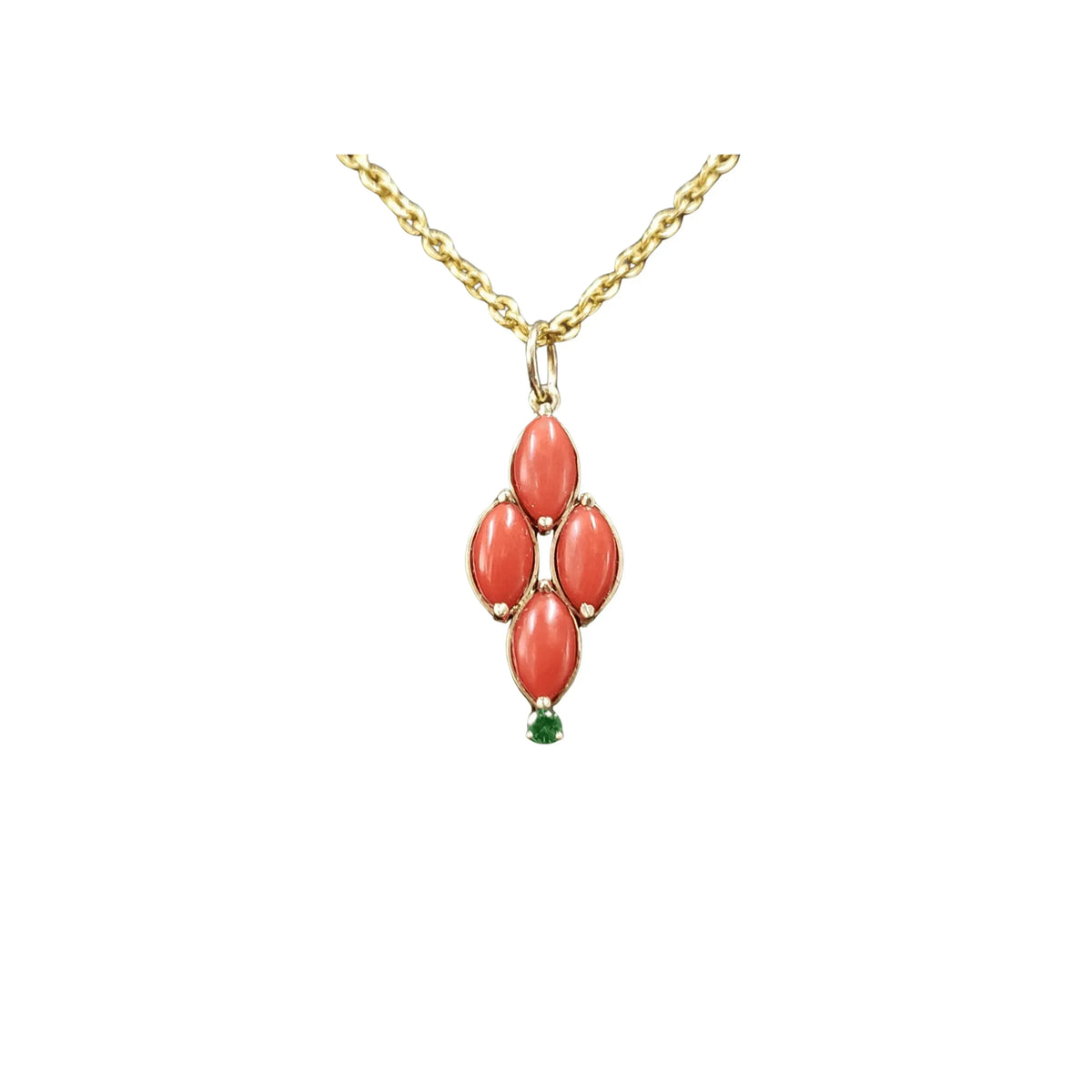 14k Gold Italian Marquise Coral & Tsavorite Pendant - K Jewelry Accessories