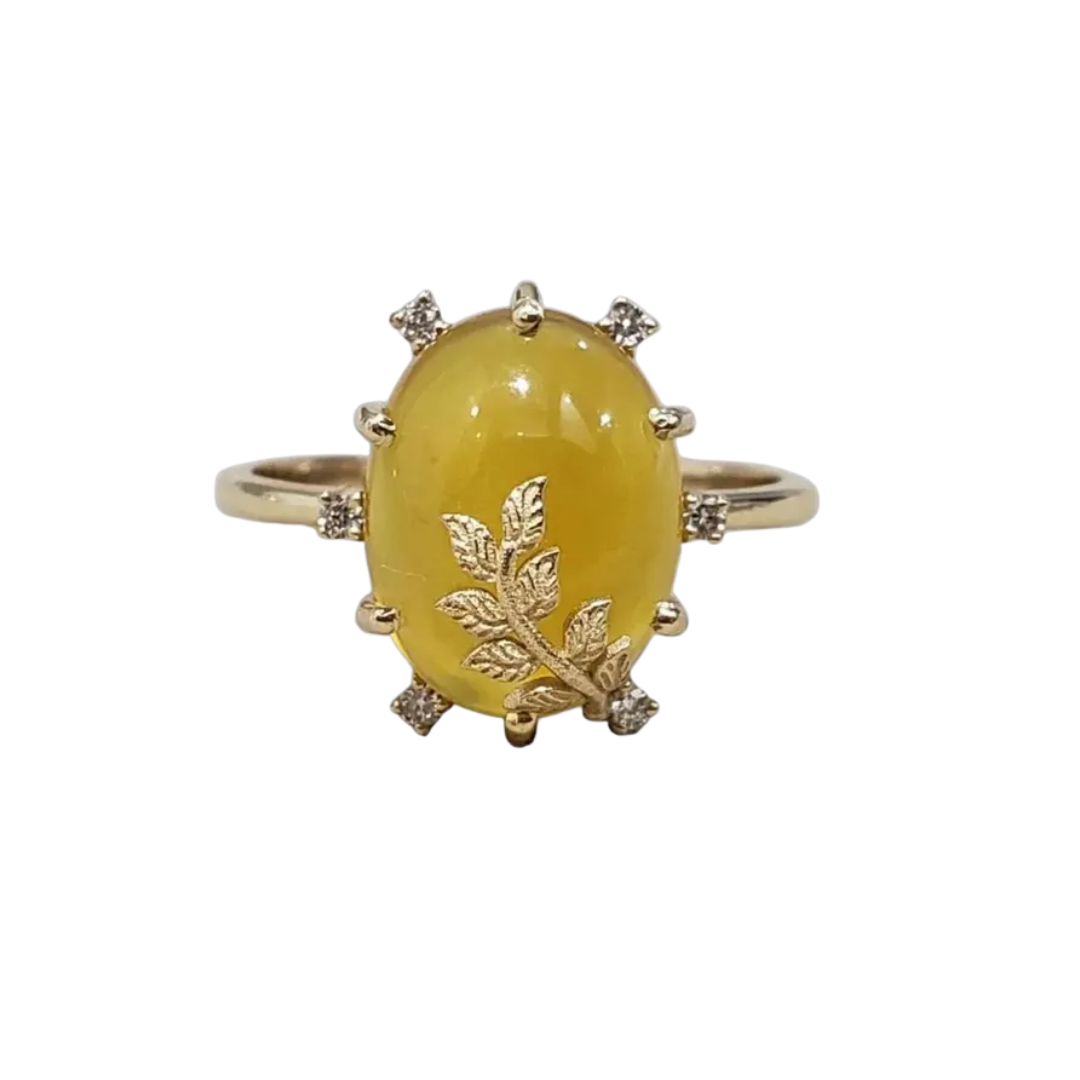 Natural Mexican Opal Ring, 14K Solid Gold, Yellow Opal Gemstone