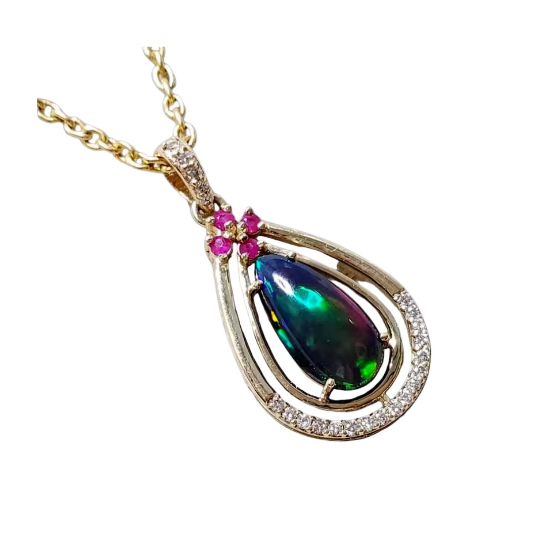 14K Gold Black Opal Pendant, Multi Fire Opal & Diamond Necklace