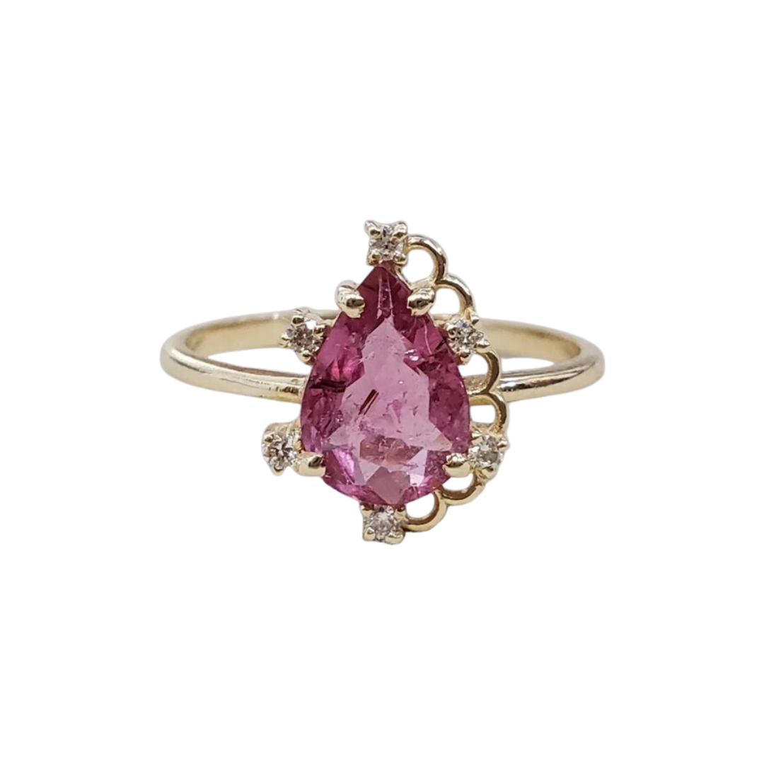 14K Gold Pink Tourmaline Diamond Ring, Teardrop Shape