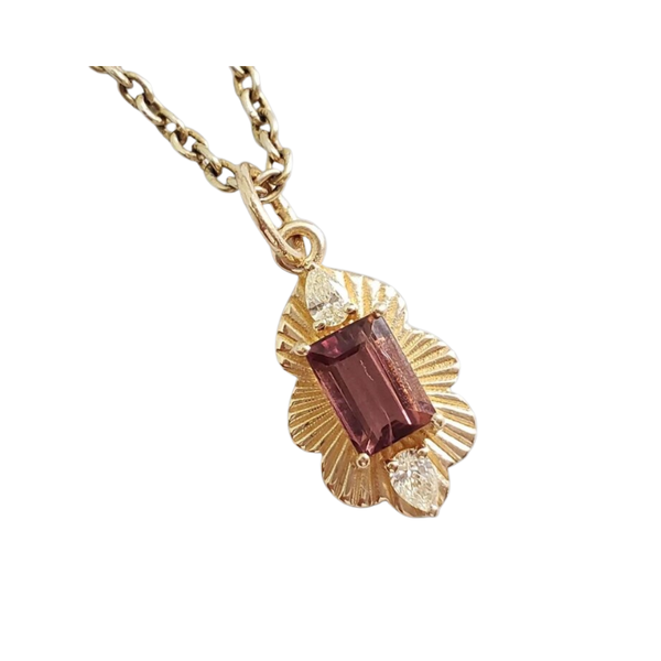 14K Solid Gold Natural Pink Tourmaline Diamond Pendant