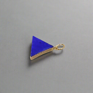 Triangle Shape Natural Lapis 14k Gold Pendant Side View Against Grey Background 