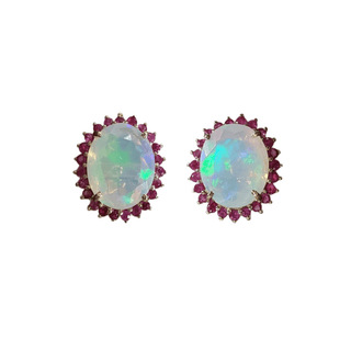 14k Gold Ethiopian Fire Opal Stud Earrings With Ruby Stones - K Jewelry Accessories