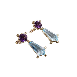 14k Gold Amethyst Stud Earrings with Sky Blue Topaz - K Jewelry Accessories