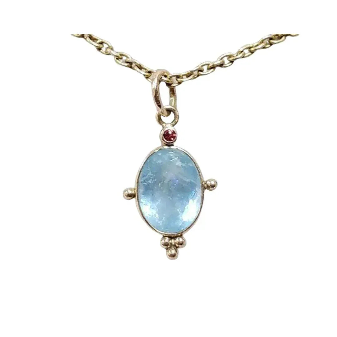 14k Gold Aquamarine & Sapphire Pendant – Vivid Oval Blue Gemstone Necklace - K Jewelry Accessories