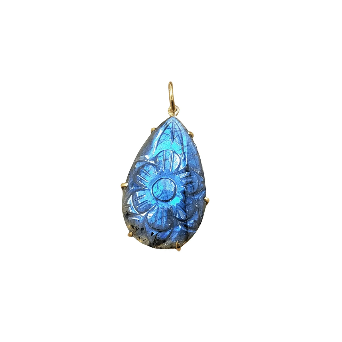 14k Gold Blue Flashy Labradorite Floral Carved Gemstone Pendant Gold - K Jewelry Accessories