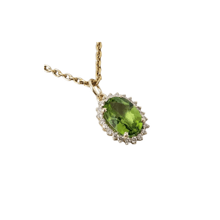 Rare Oval Green Peridot with Brilliant Cut Diamond 14k Gold Pendant - K Jewelry Accessories