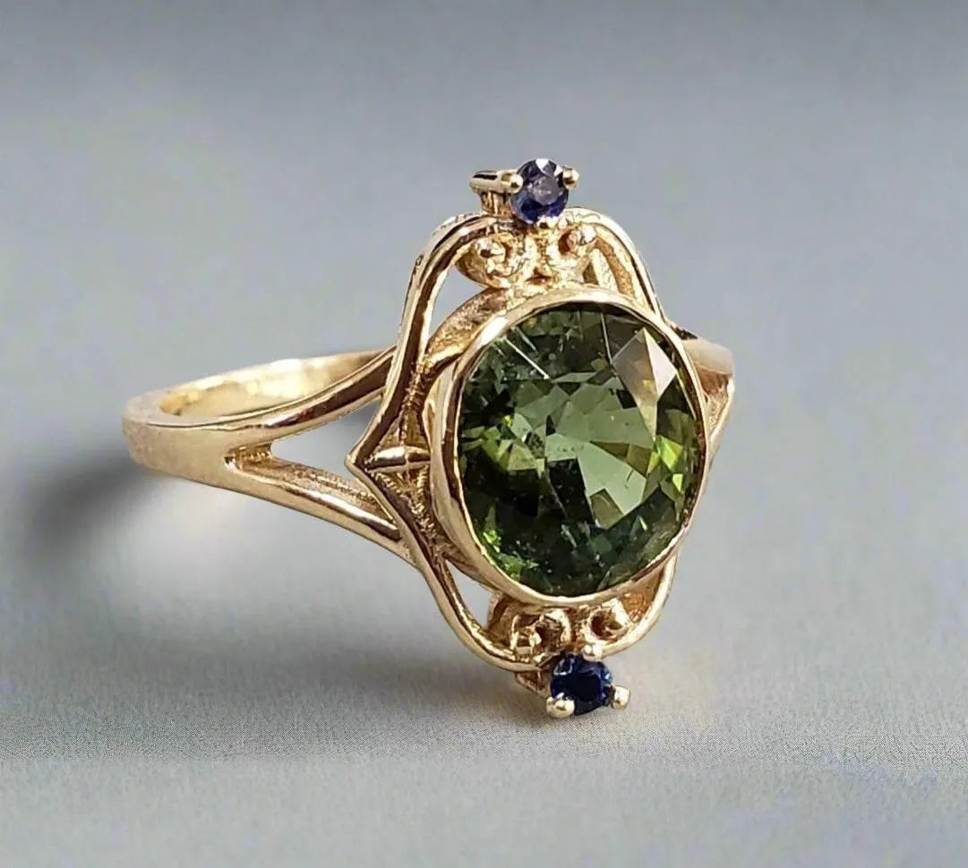 14k Gold Oval Green Tourmaline With Blue Sapphire Ring - K Jewelry Accessories