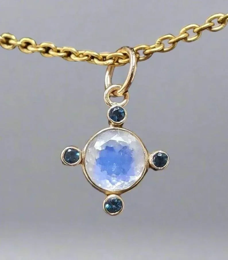 Solid Gold London Blue Topaz & Rainbow Moonstone Pendant 14k - K Jewelry Accessories