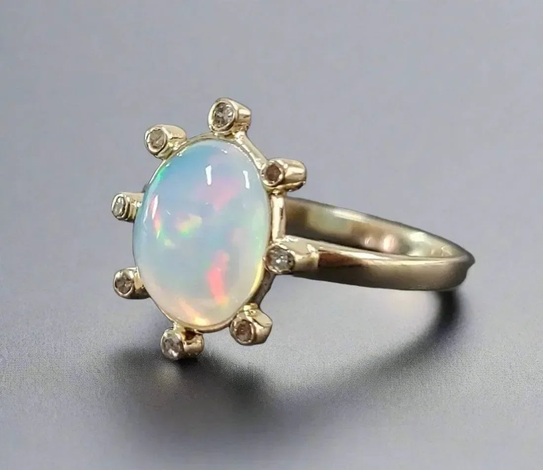 Handmade 14k Gold Opal and Diamond Ring - K Jewelry Accessories