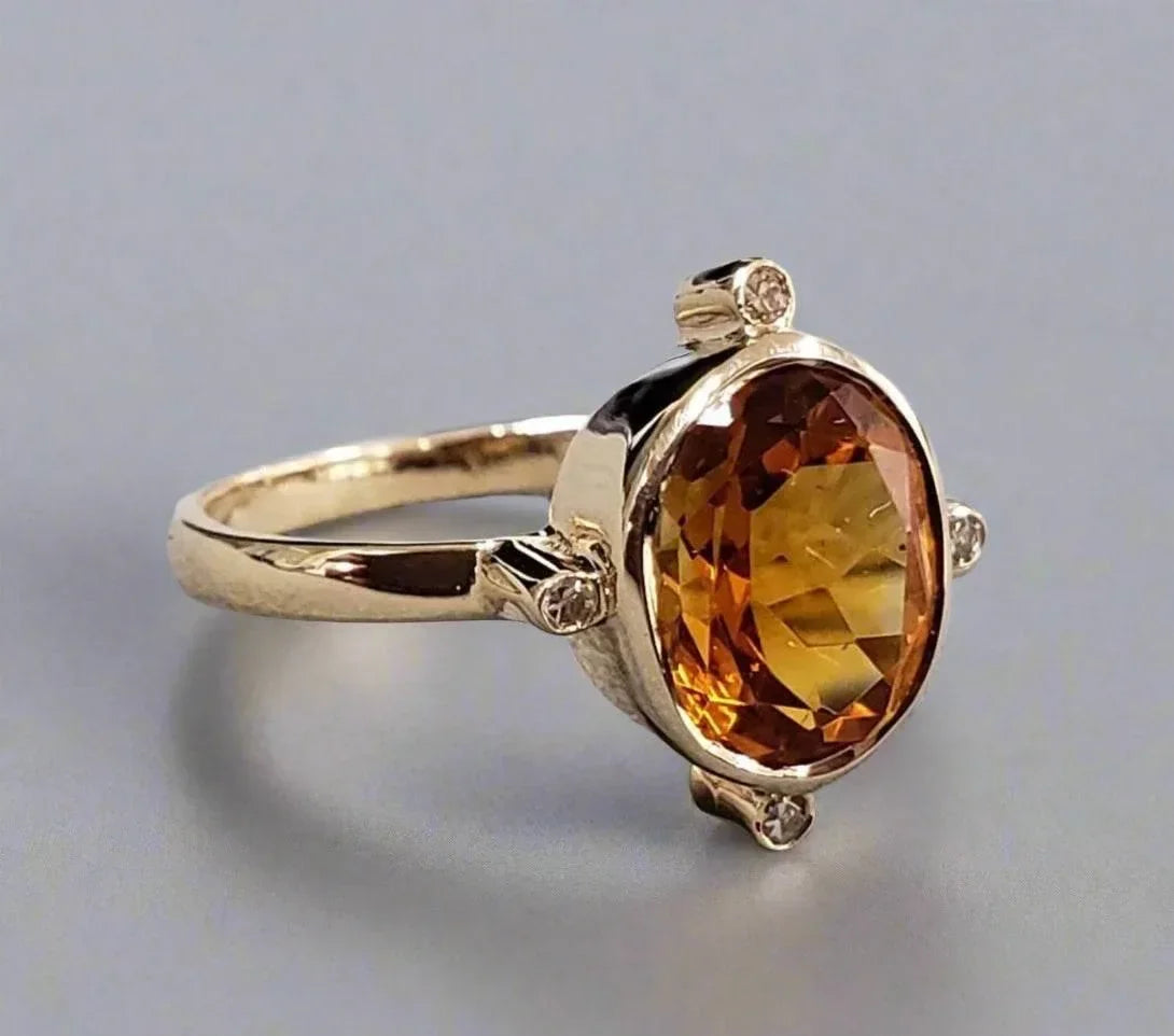 Dainty Solid Gold 14k Citrine Diamond Ring - K Jewelry Accessories