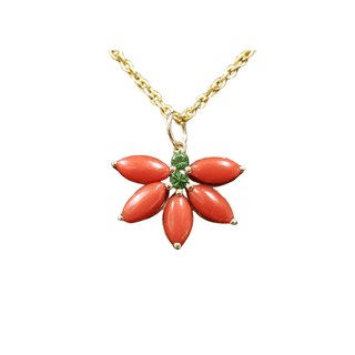 14k Gold Italian Marquise Coral & Tsavorite Floral Pendant - K Jewelry Accessories