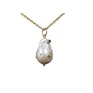 18k Gold Natural Baroque Pearl Pendant With Diamond, Ruby & Emerald - K Jewelry Accessories