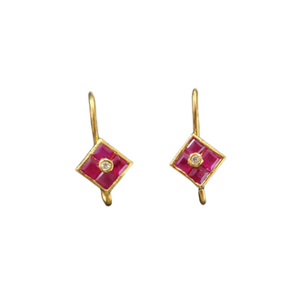 18k Gold Natural Ruby Dangling Square Shape Earrings Made with Ruby Natural Stones