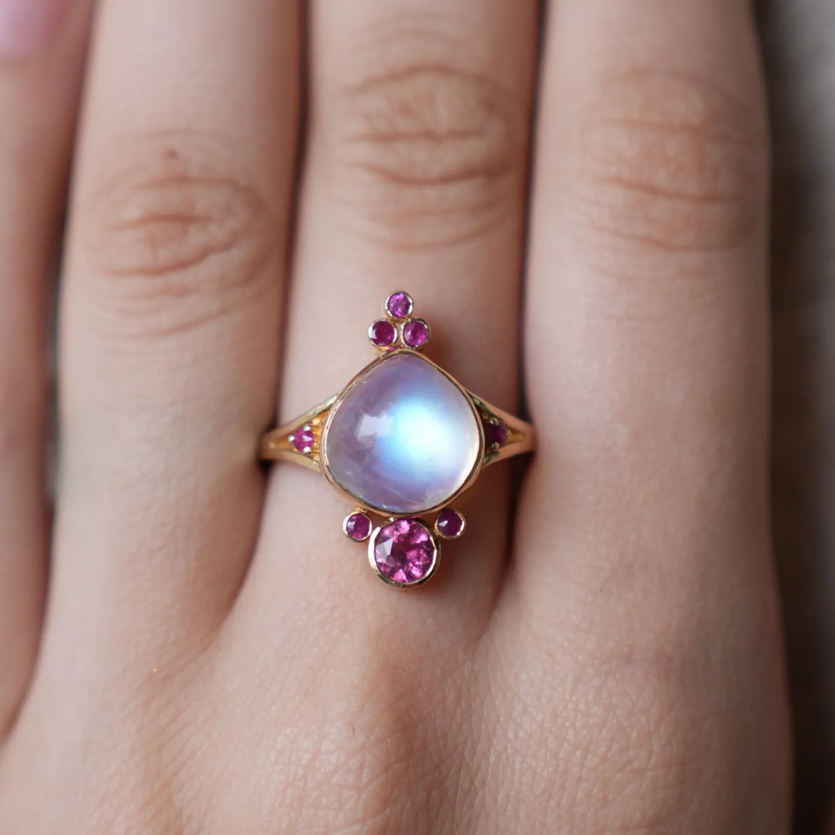 Rainbow Moonstone 14k Gold Ring: Ruby Tourmaline