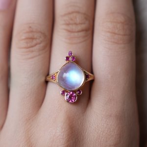 Rainbow Moonstone 14k Gold Ring: Ruby Tourmaline