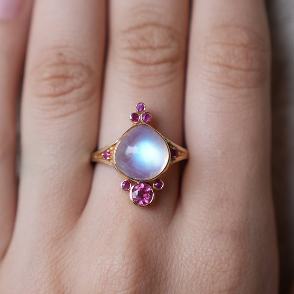 Rainbow Moonstone 14k Gold Ring: Ruby Tourmaline