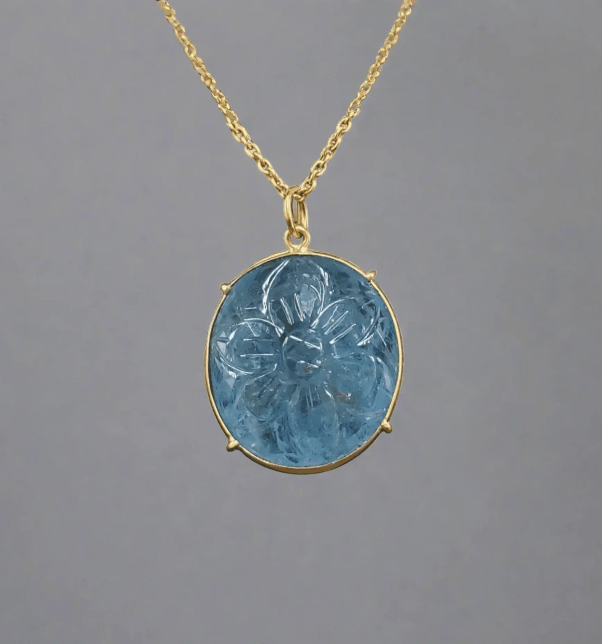 18k Gold Oval Shape Floral Carved Aquamarine - K Jewelry Accessories