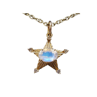 14k Gold Rainbow Moonstone & Diamond Star Pendant - KJEWELRYACCESSORIES