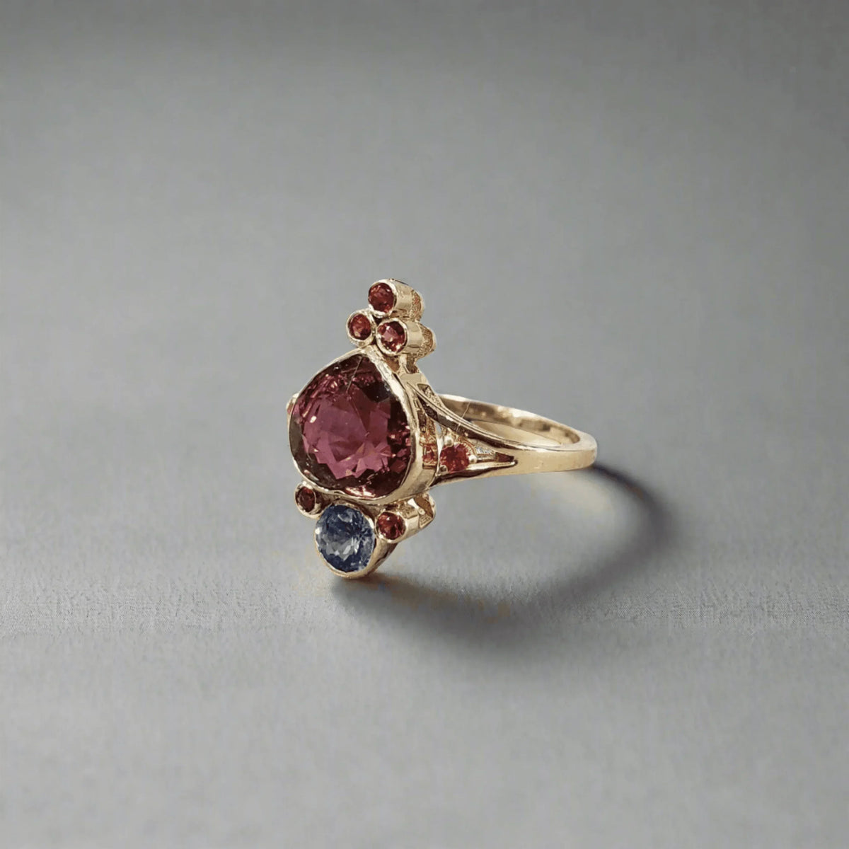 14k Gold Pink Tourmaline with Blue & Red Sapphire Ring - K Jewelry Accessories