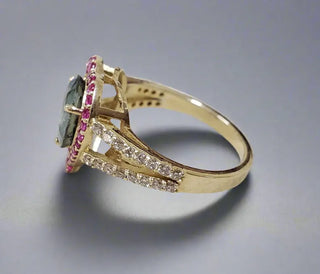 Vintage 14k Gold Heart Halo Ring: Green Sapphire, Ruby & Diamond