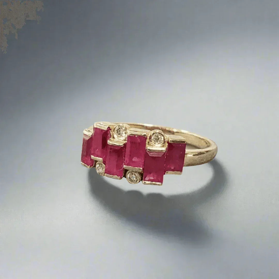 14k Gold Natural Baguette Ruby & Brilliant Cut Diamond Ring - K Jewelry Accessories