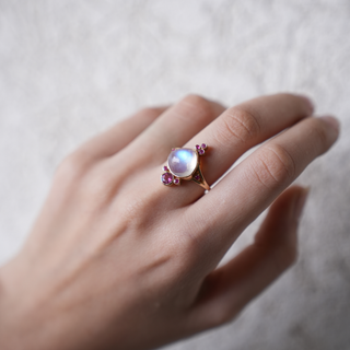 Rainbow Moonstone 14k Gold Ring: Ruby Tourmaline