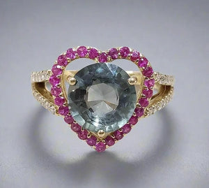 Vintage 14k Gold Heart Halo Ring: Green Sapphire, Ruby & Diamond