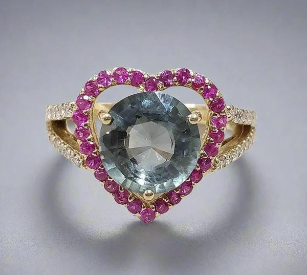 Vintage 14k Gold Heart Halo Ring: Green Sapphire, Ruby & Diamond