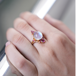 Rainbow Moonstone 14k Gold Ring: Ruby Tourmaline