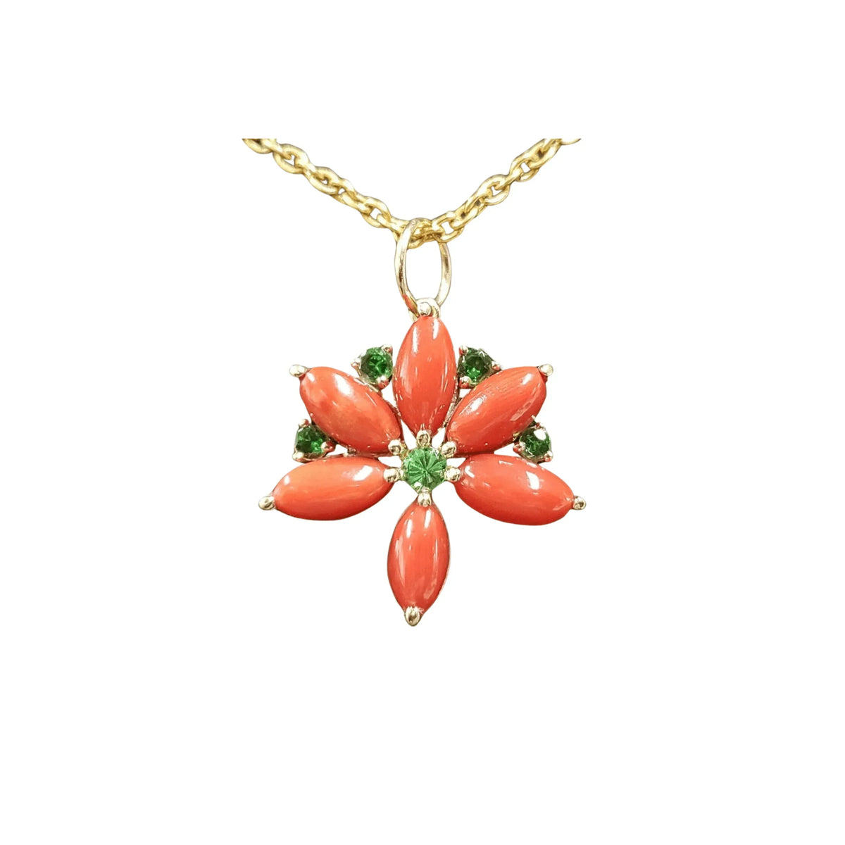14k Gold Red Italian Coral & Tsavorite Pendant Flower shape - K Jewelry Accessories