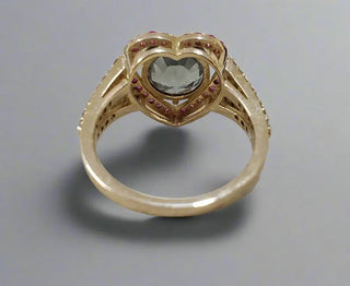 Vintage 14k Gold Heart Halo Ring: Green Sapphire, Ruby & Diamond