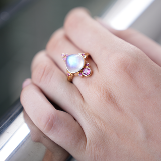 Rainbow Moonstone 14k Gold Ring: Ruby Tourmaline