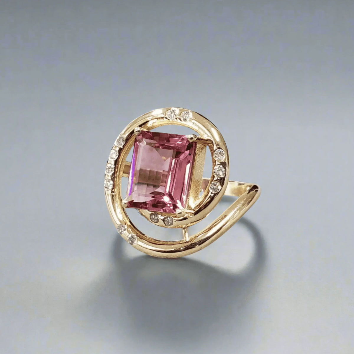 14k Gold Pink Tourmaline with Brilliant Cut Diamond Ring - K Jewelry Accessories