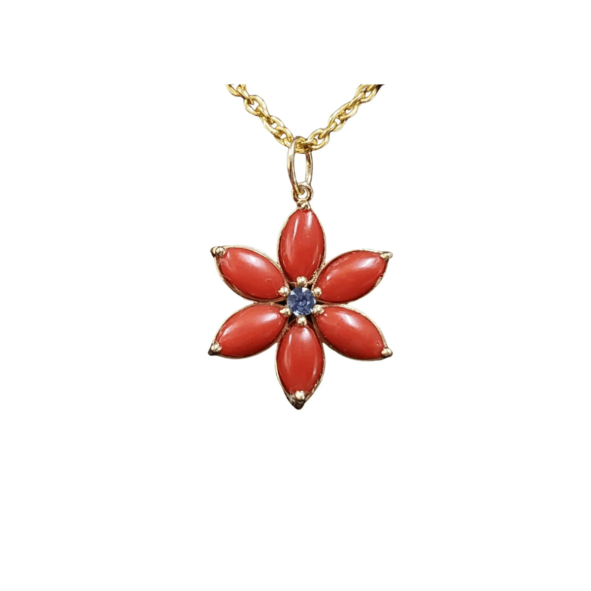 14k Gold Flower Shape Italian Coral Gemstone & Blue Sapphire Pendant - K Jewelry Accessories