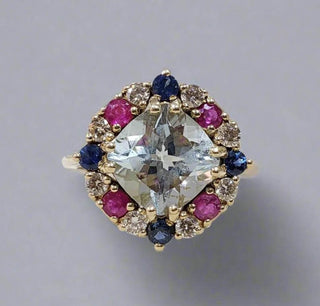 14k Gold Cushion Aquamarine With Ruby, Blue Sapphire and Diamond Ring - K Jewelry Accessories