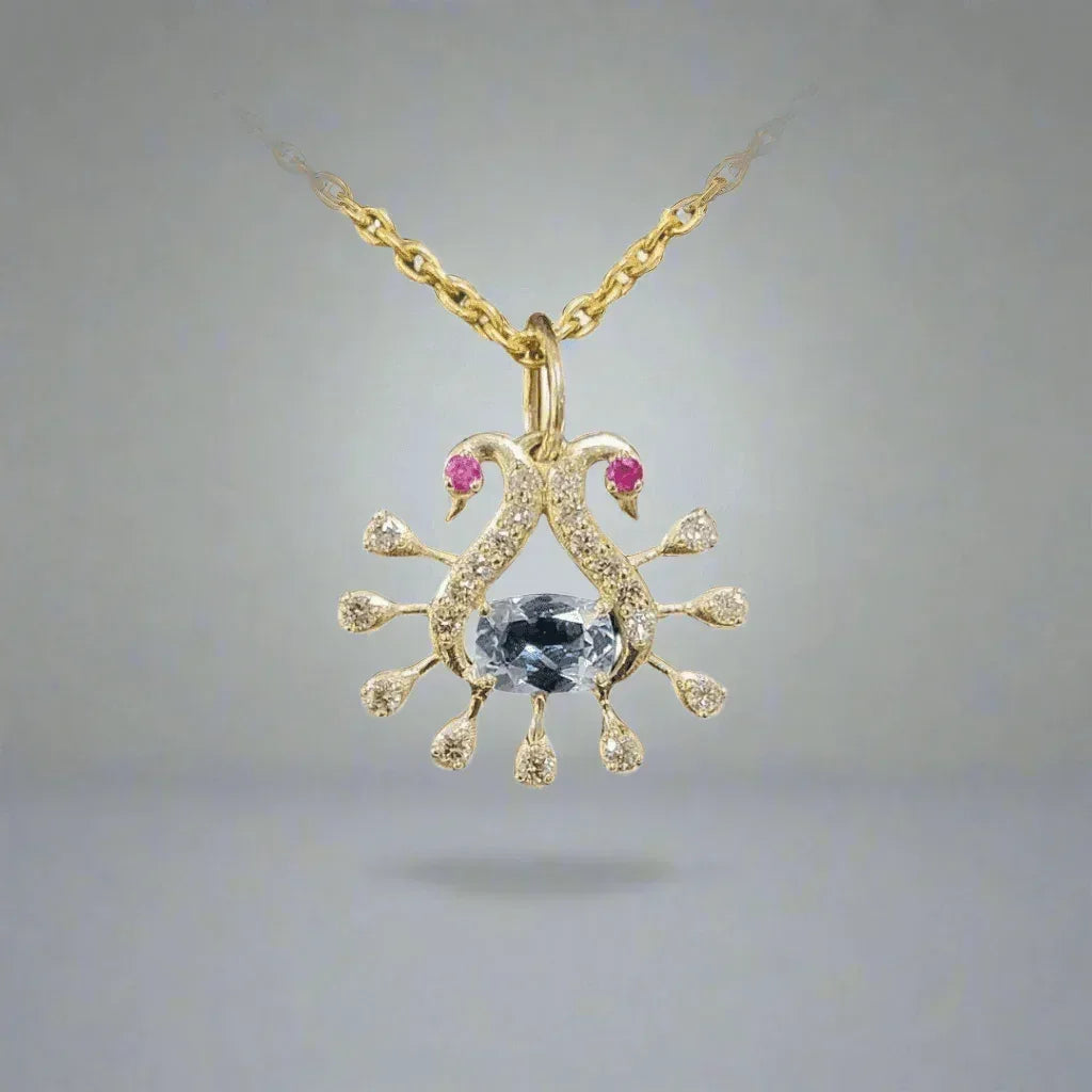 14K Gold Classic Peacock Pendant Aquamarine & Rubies Studded - K Jewelry Accessories