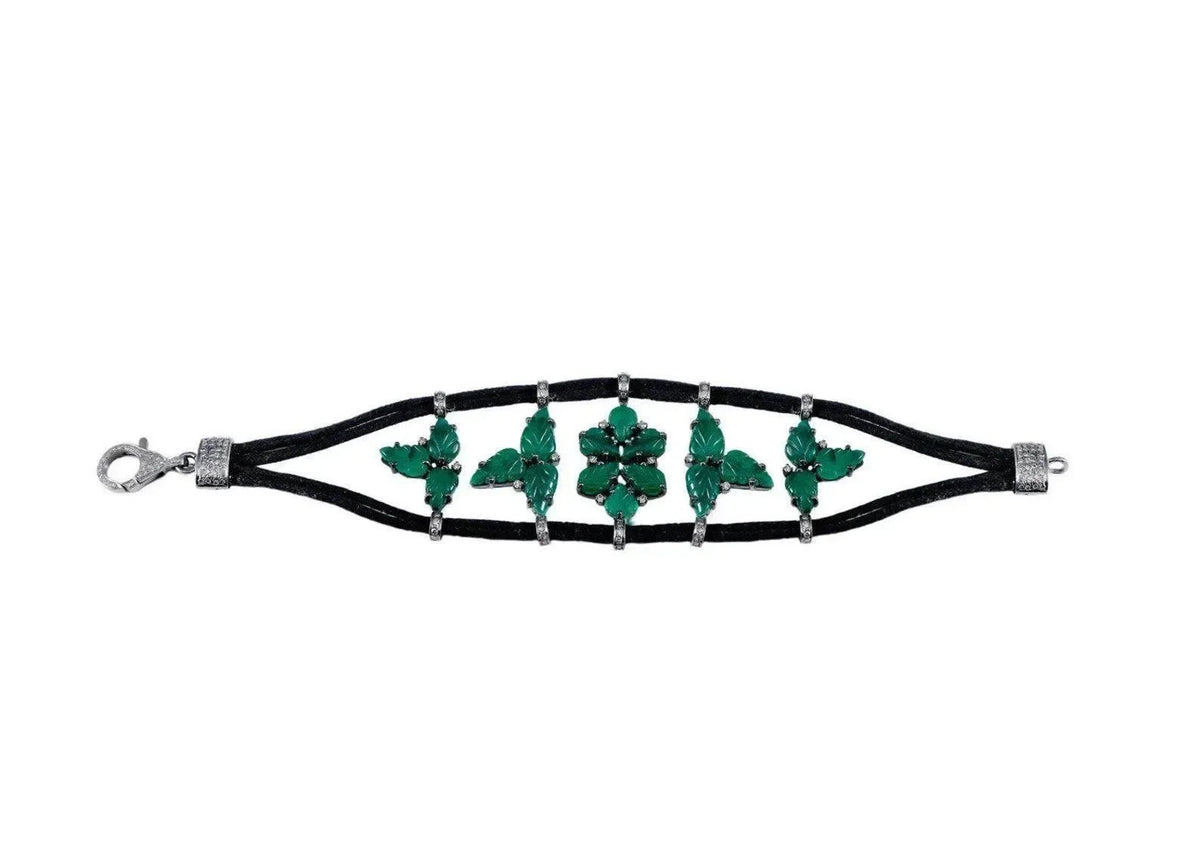Beautiful 925 Silver Natural Emerald Diamond Bracelet Cord Carving Design - K Jewelry Accessories
