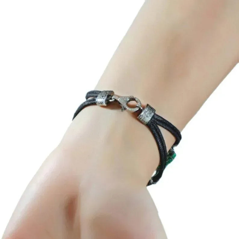 Beautiful 925 Silver Natural Emerald Diamond Bracelet Cord Carving Design - K Jewelry Accessories