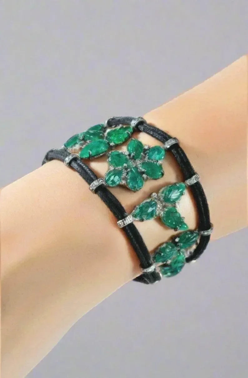 Beautiful 925 Silver Natural Emerald Diamond Bracelet Cord Carving Design - K Jewelry Accessories