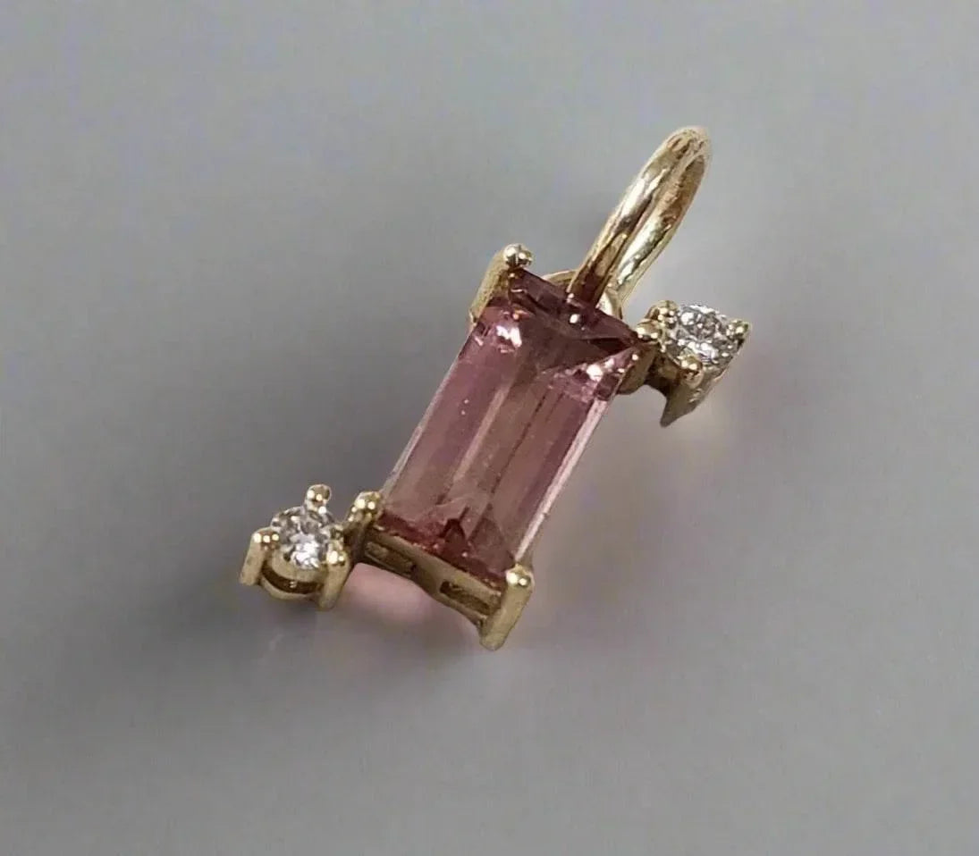 Baguette Shape Natural Pink Tourmaline Gold 14k Pendant With Diamonds - K Jewelry Accessories
