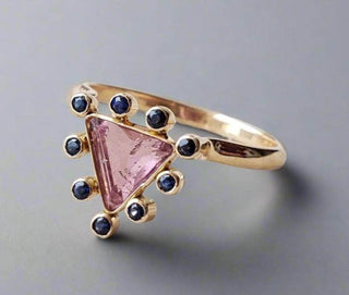 Triangle Pink Tourmaline with Blue Sapphire 14k Gold Ring - K Jewelry Accessories