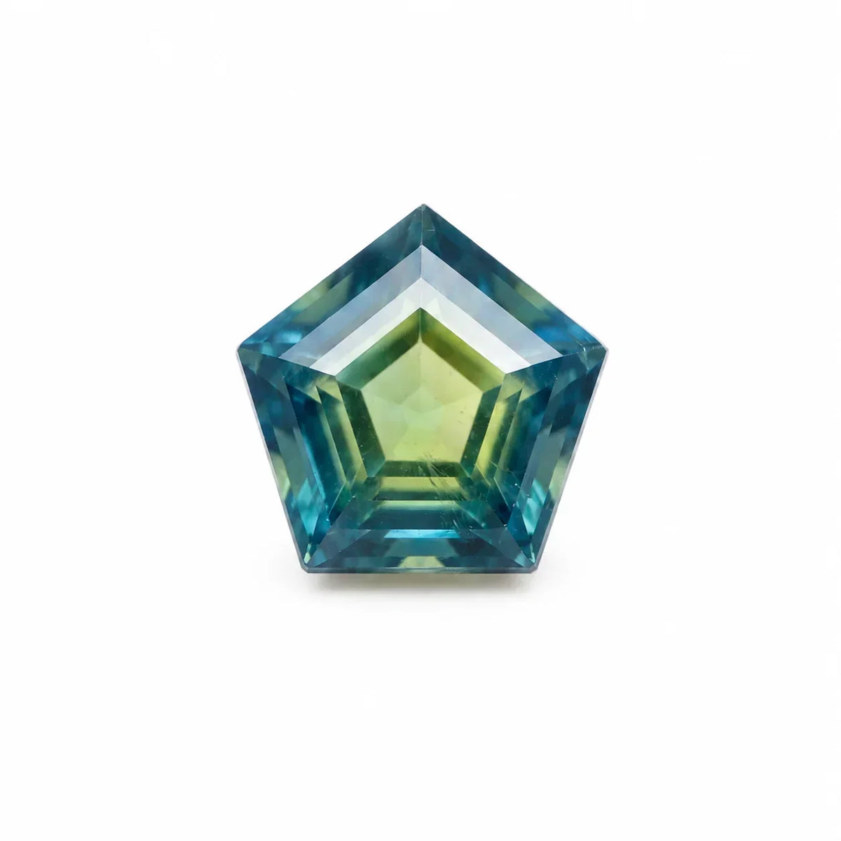 Faceted blue-green gemstone with pentagonal cut, ideal for luxury jewelry designs