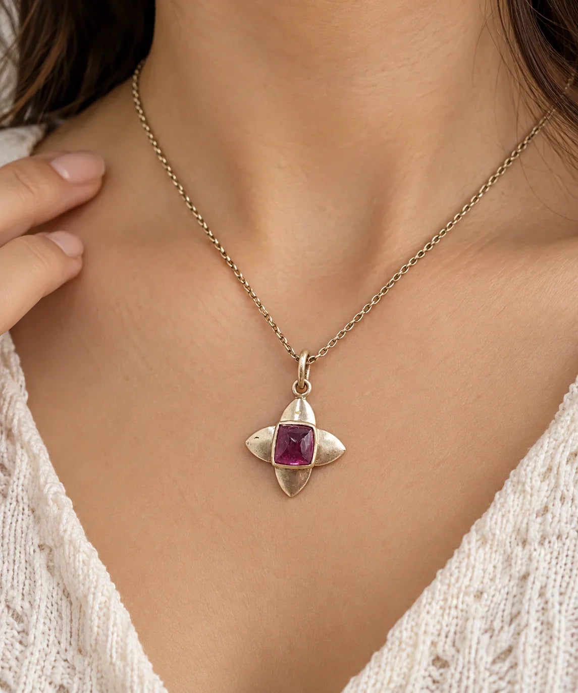 Matte 14K Gold Cabochon Pink Tourmaline Pendant