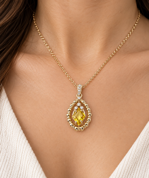 Natural Yellow Sapphire 14K Gold Diamond Pendant