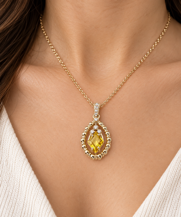 Natural Yellow Sapphire 14K Gold Diamond Pendant