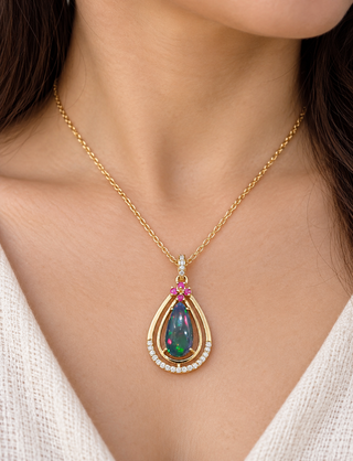 14K Gold Black Opal Pendant, Multi Fire Opal & Diamond Necklace